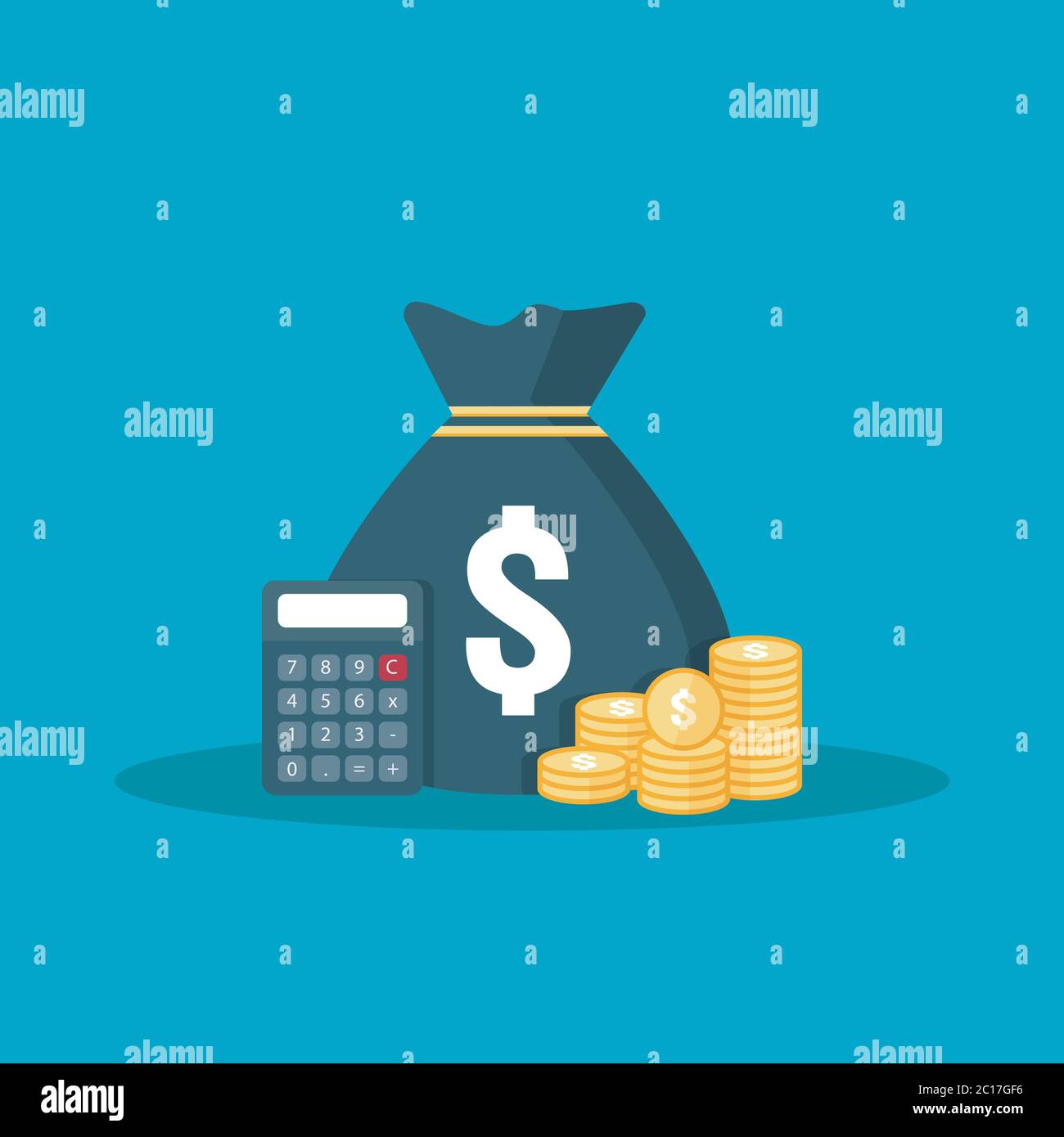 icona di monete in pila di dollari. pila oro dorato e borsa di denaro per il risparmio di profitto. calcoli conteggio, analisi dei dati, pianificazione, report. investimento aziendale Illustrazione Vettoriale