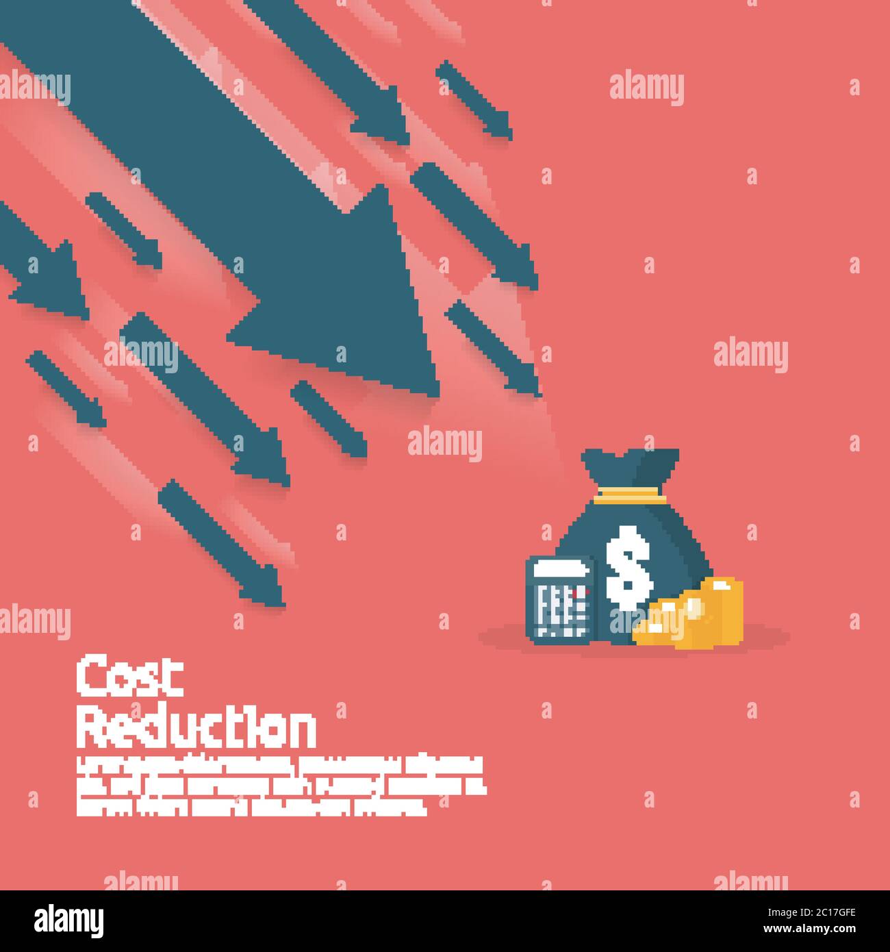 business finance crisi concetto. stack pile monete e icona borsa di denaro. freccia ridurre economia allungando calo crescente. perso fallimento in calo. costo Illustrazione Vettoriale