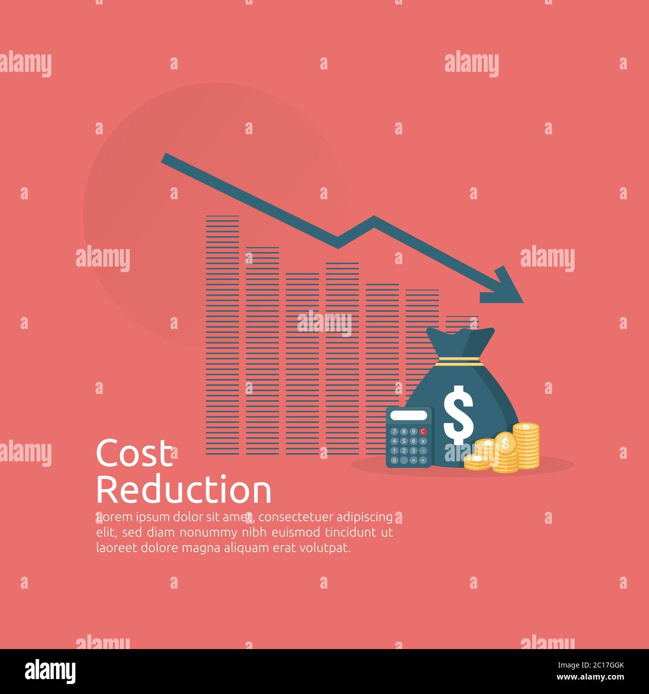business finance crisi concetto. stack pile monete e icona borsa di denaro. freccia ridurre economia allungando calo crescente. perso fallimento in calo. costo Illustrazione Vettoriale
