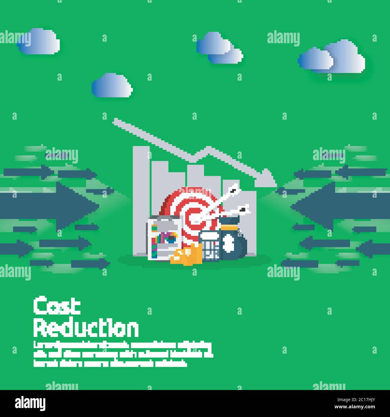 business finance crisi concetto. stack pile monete e icona borsa di denaro. freccia ridurre economia allungando calo crescente. perso fallimento in calo. costo Illustrazione Vettoriale
