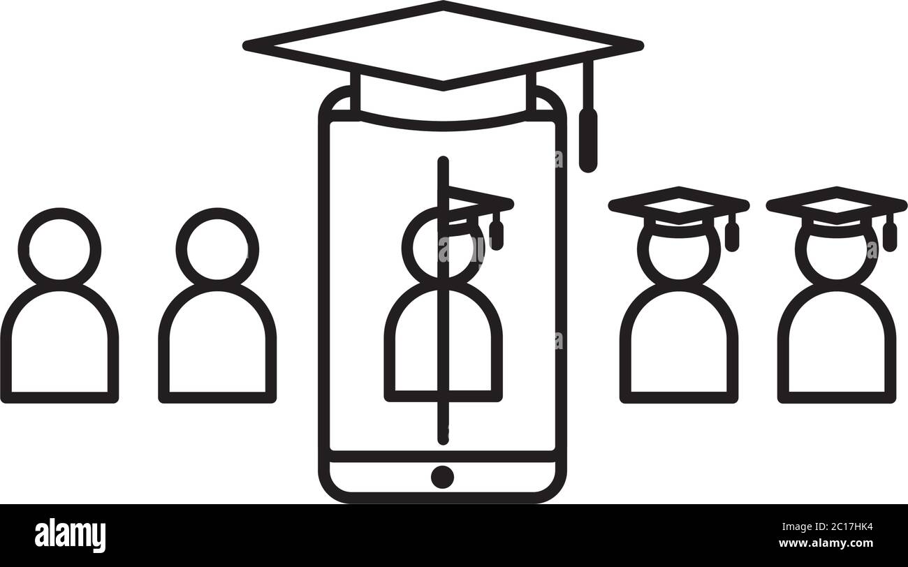 Icona della linea di e-learning. Simbolo di formazione online su Internet. Processo di laurea sullo schermo dello smartphone. Firma aziendale per laureati. Logo per sito Web, app mobile Illustrazione Vettoriale