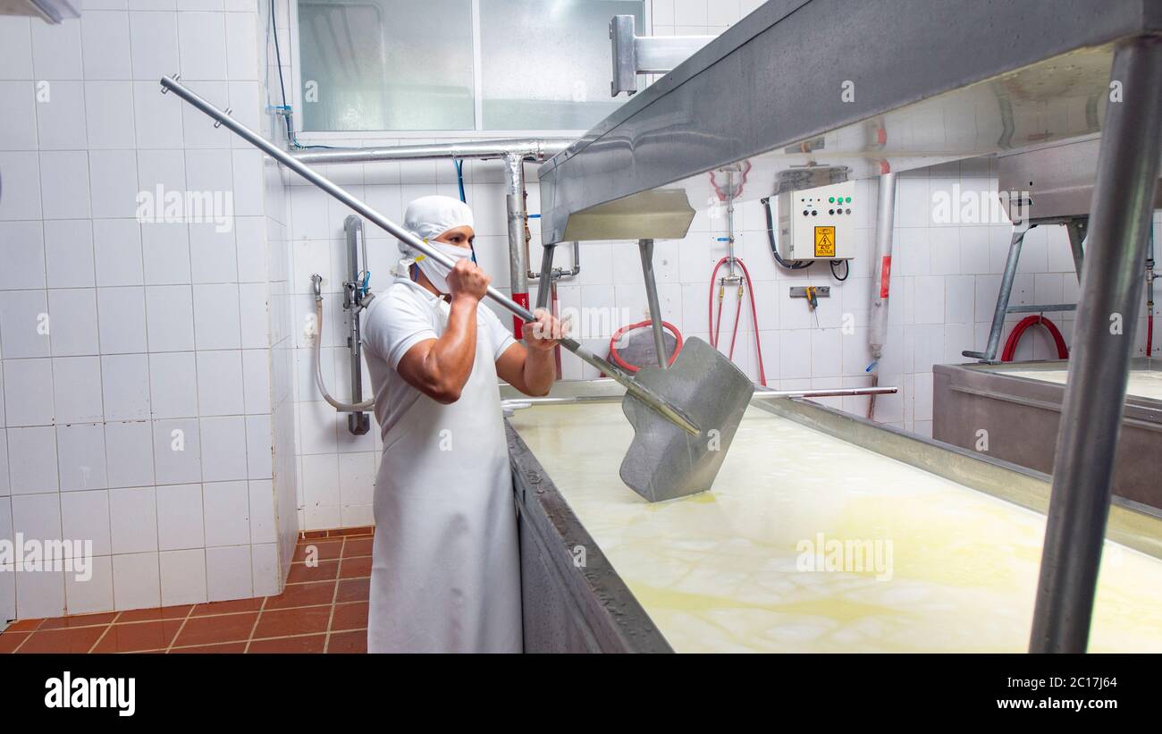Zuleta, Imbabura / Ecuador - 9 novembre 2018: Lavoratore battendo il siero con una pala in un serbatoio per fare il formaggio all'interno di una fabbrica di formaggio. Produzione di formaggio Foto Stock