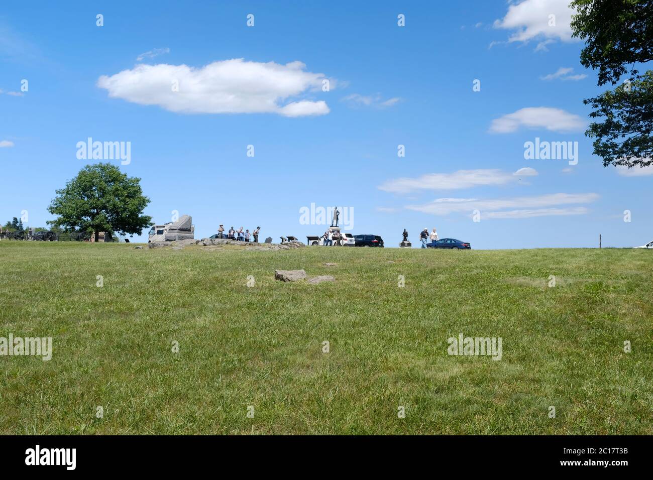 I monumenti segnano il marchio di alta acqua della Confederazione nel Parco militare Nazionale di Gettysburg Foto Stock