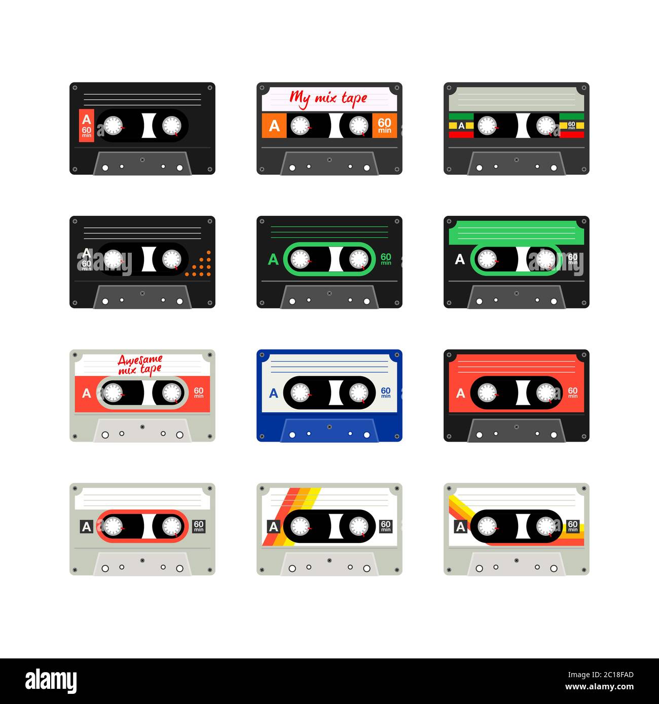 Cassetta registratore a nastro in memorie di musica retrò anni '80. Design del layout delle cassette per musica Oldies. Set di illustrazioni vettoriali su nastro a cassetta vintage. Illustrazione Vettoriale