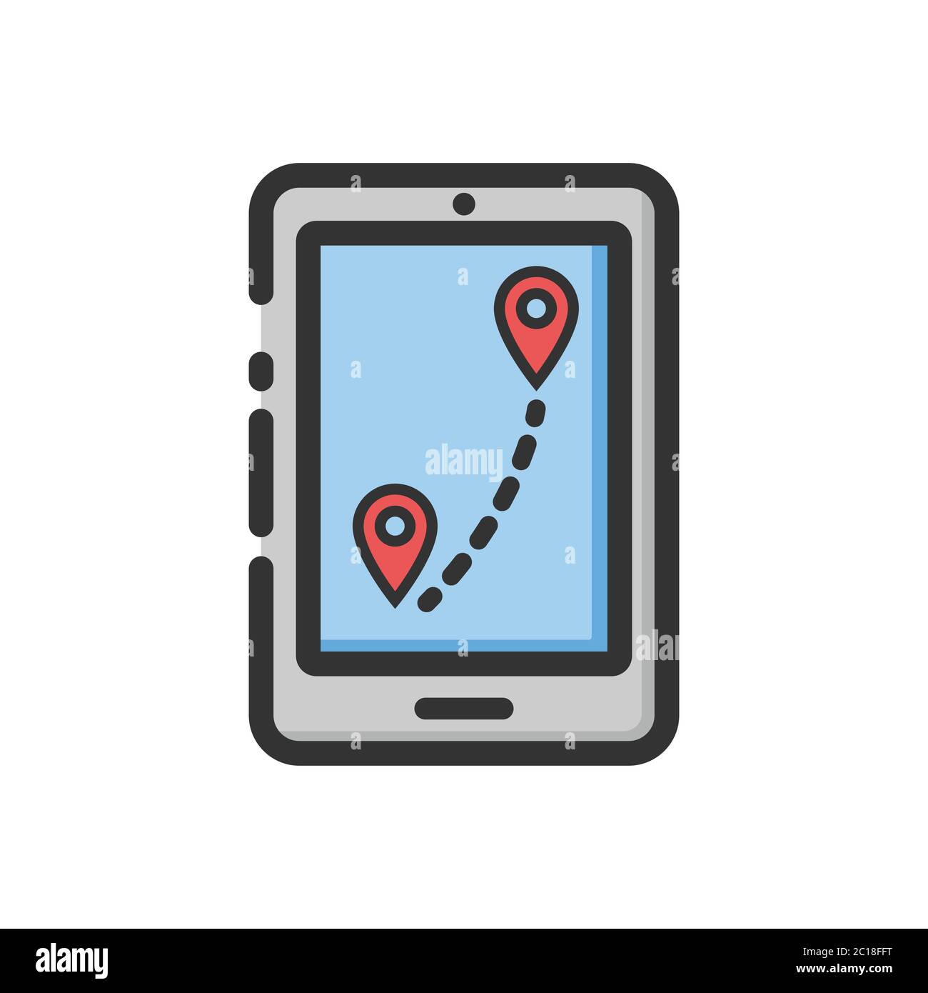 Trova la direzione di un luogo utilizzando l'app Locator nello smartphone. Adatto per l'illustrazione vettoriale del localizzatore di mappe per individuare la posizione precisa da un'area. Illustrazione Vettoriale