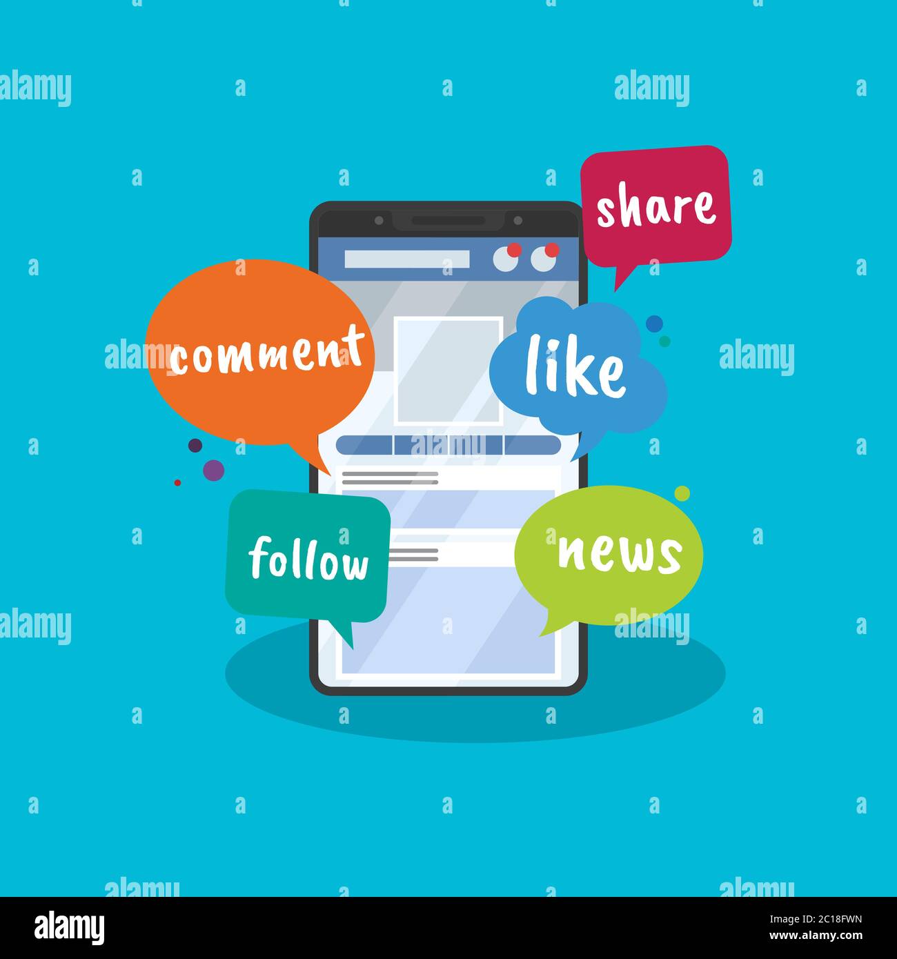 Immagine vettoriale dell'accesso ai social media tramite smartphone. Adatto per la promozione di social media, attività interattive, condivisione, fare amici Illustrazione Vettoriale