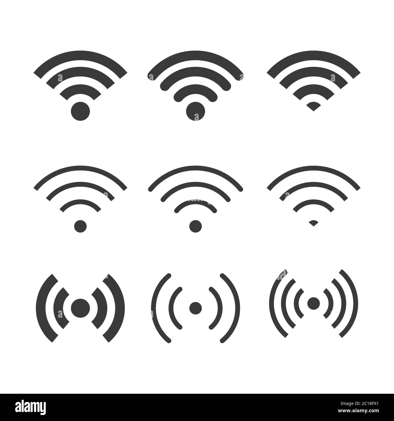 Set di vari indicatori di segnale. Icona del segnale wireless e raccolta dei simboli. Illustrazione Vettoriale