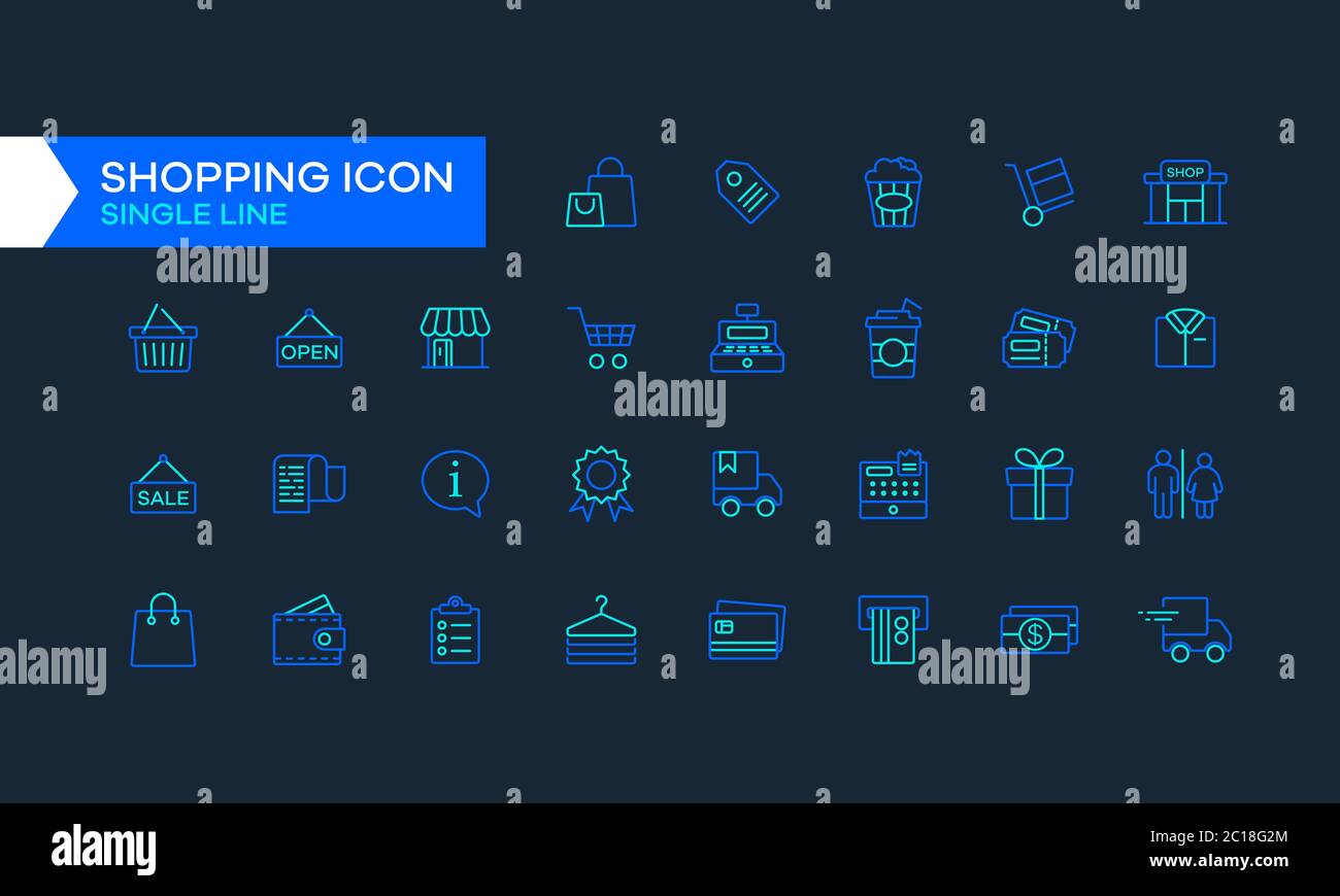 Icone semplici e piatte della linea di shopping come la borsa della spesa, la scatola del regalo, la carta di credito e gli abiti. Elemento risorse grafiche per negozi e centri commerciali. Illustrazione Vettoriale