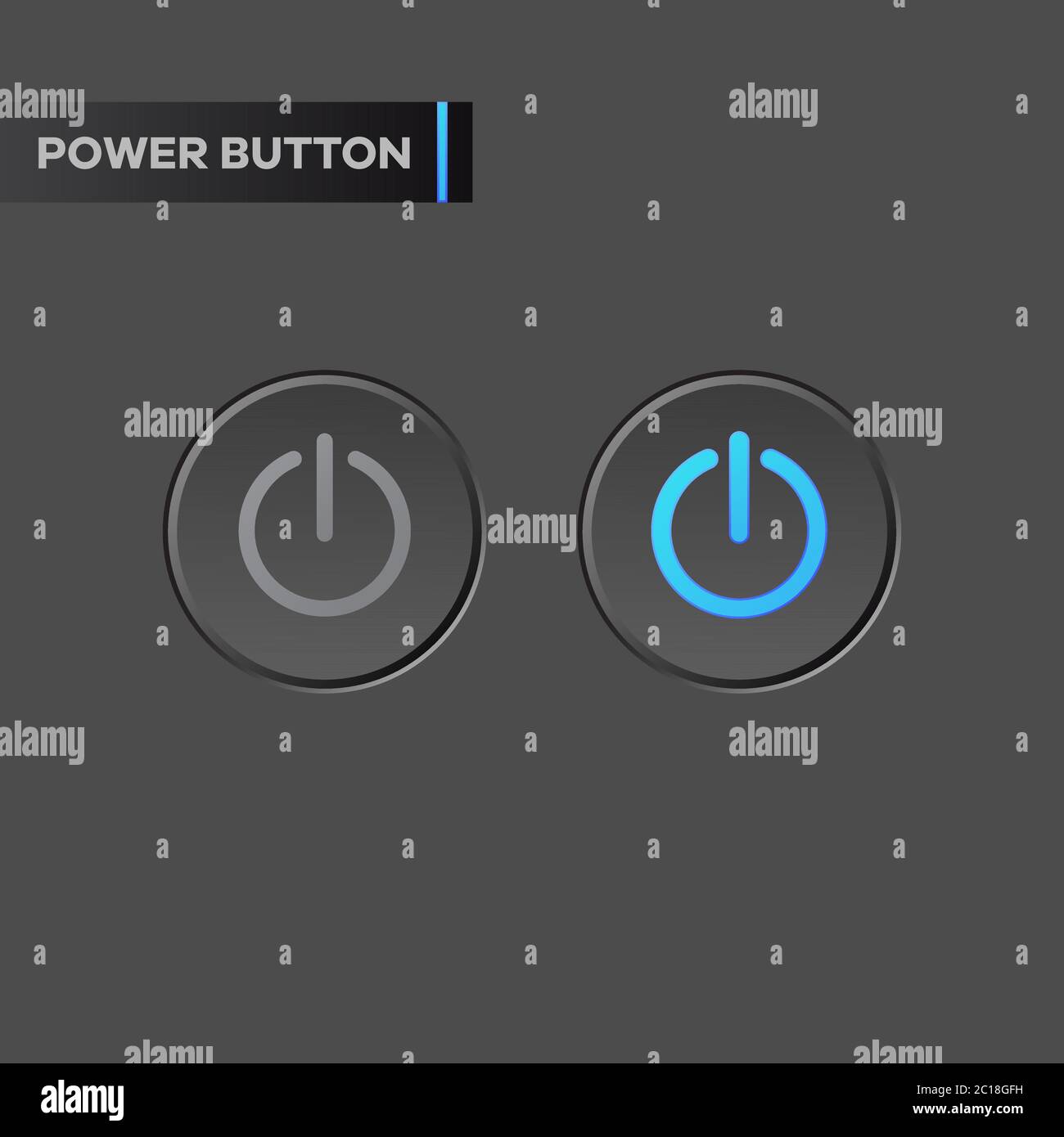 L'icona del pulsante di accensione con effetto al neon blu illumina la retroilluminazione. Pulsante di accensione e spegnimento con indicatore luminoso per le applicazioni del computer con tema scuro Illustrazione Vettoriale
