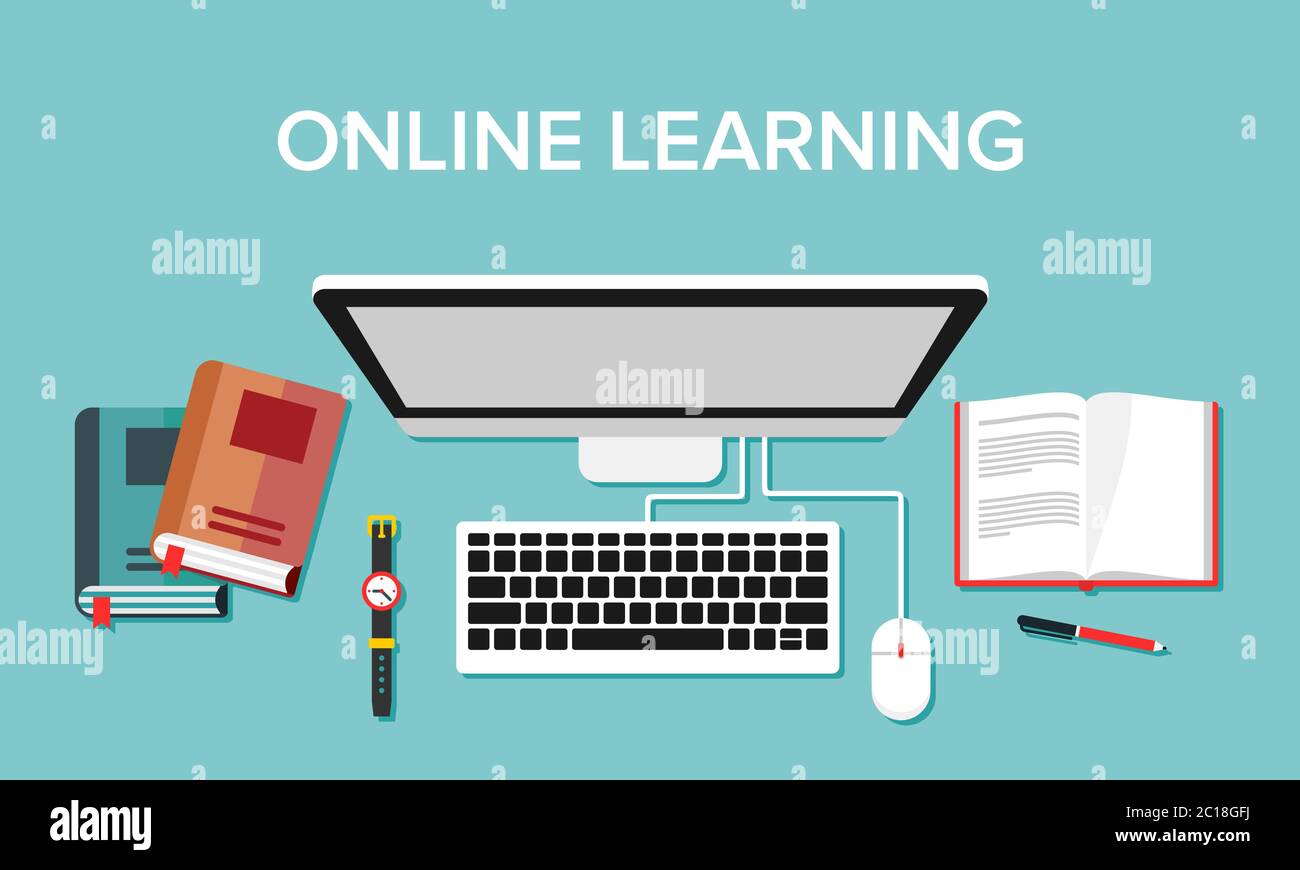 Illustrazione delle attività di apprendimento online che utilizzano supporti informatici e Internet. Adatto per la visualizzazione di corsi di formazione online a casa Illustrazione Vettoriale