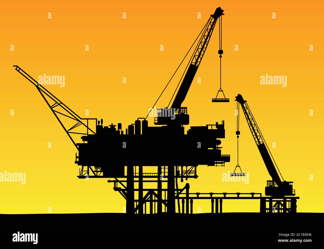 Impianti di perforazione offshore con macchine ad alta gru. Adatto per elemento di progettazione di modello di sfondo profilo aziendale di petrolio e gas. Illustrazione Vettoriale