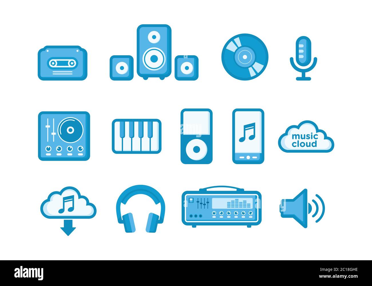 Set di icone semplici e minimaliste per la musica. Adatto per elementi di progettazione di software multimediali e tecnologia dell'industria musicale. Illustrazione Vettoriale