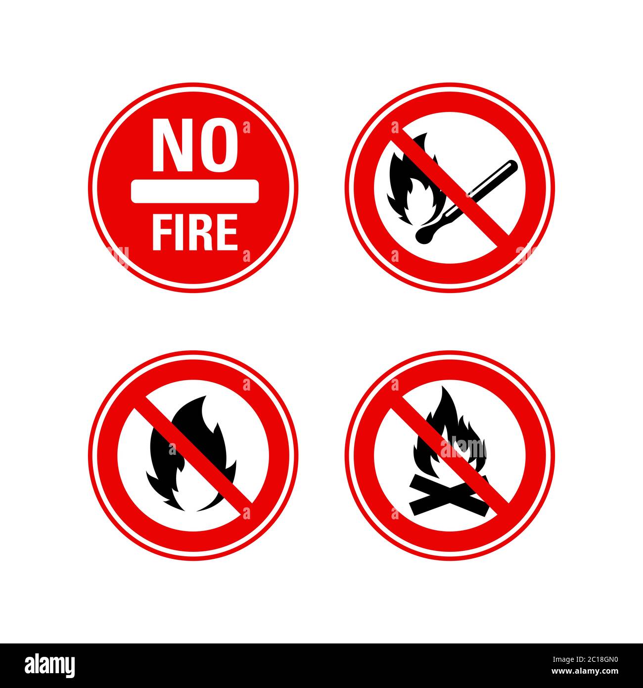 icona che proibisce il fuoco, fa una fornace, e brucia qualcosa. I segni rotondi del divieto di incendio o impediscono il fuoco. Avvertenza pericolo di incendio in una foresta Illustrazione Vettoriale