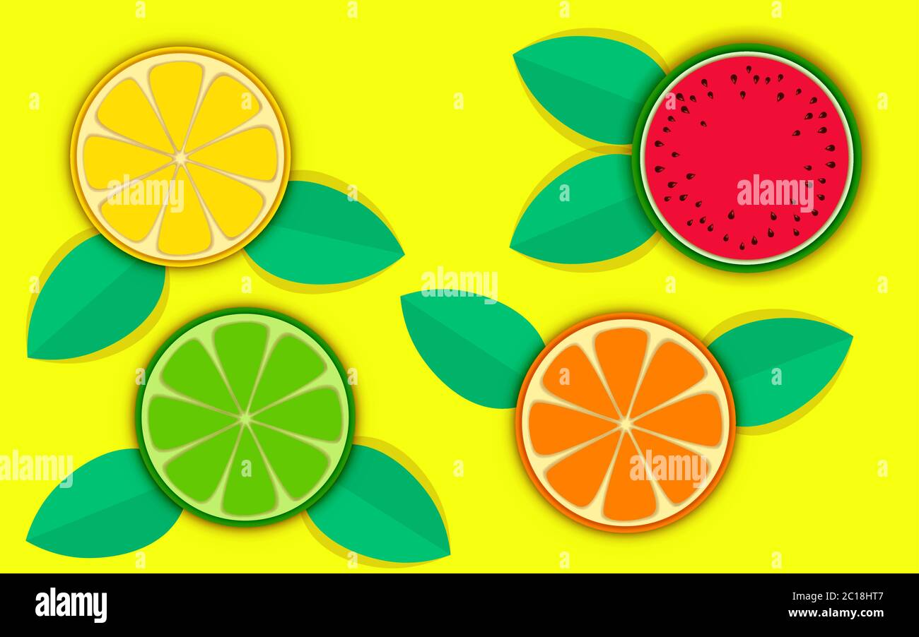agoni colorati e cocomero su sfondo giallo Illustrazione Vettoriale