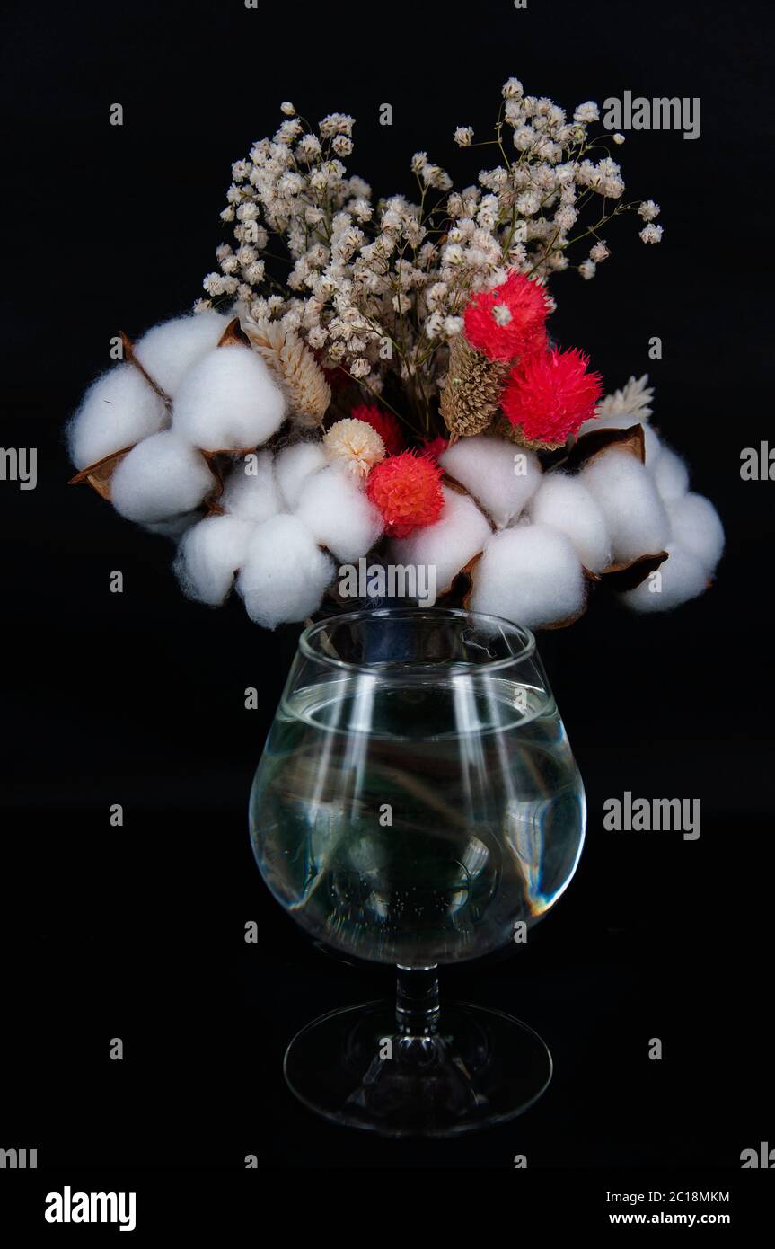 bicchiere d'acqua e bouquet di cotone e fiori bianchi su fondo nero Foto Stock