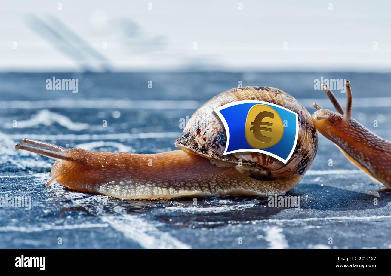 lumaca con i colori della bandiera della valuta euro incoraggiati da un altro Foto Stock