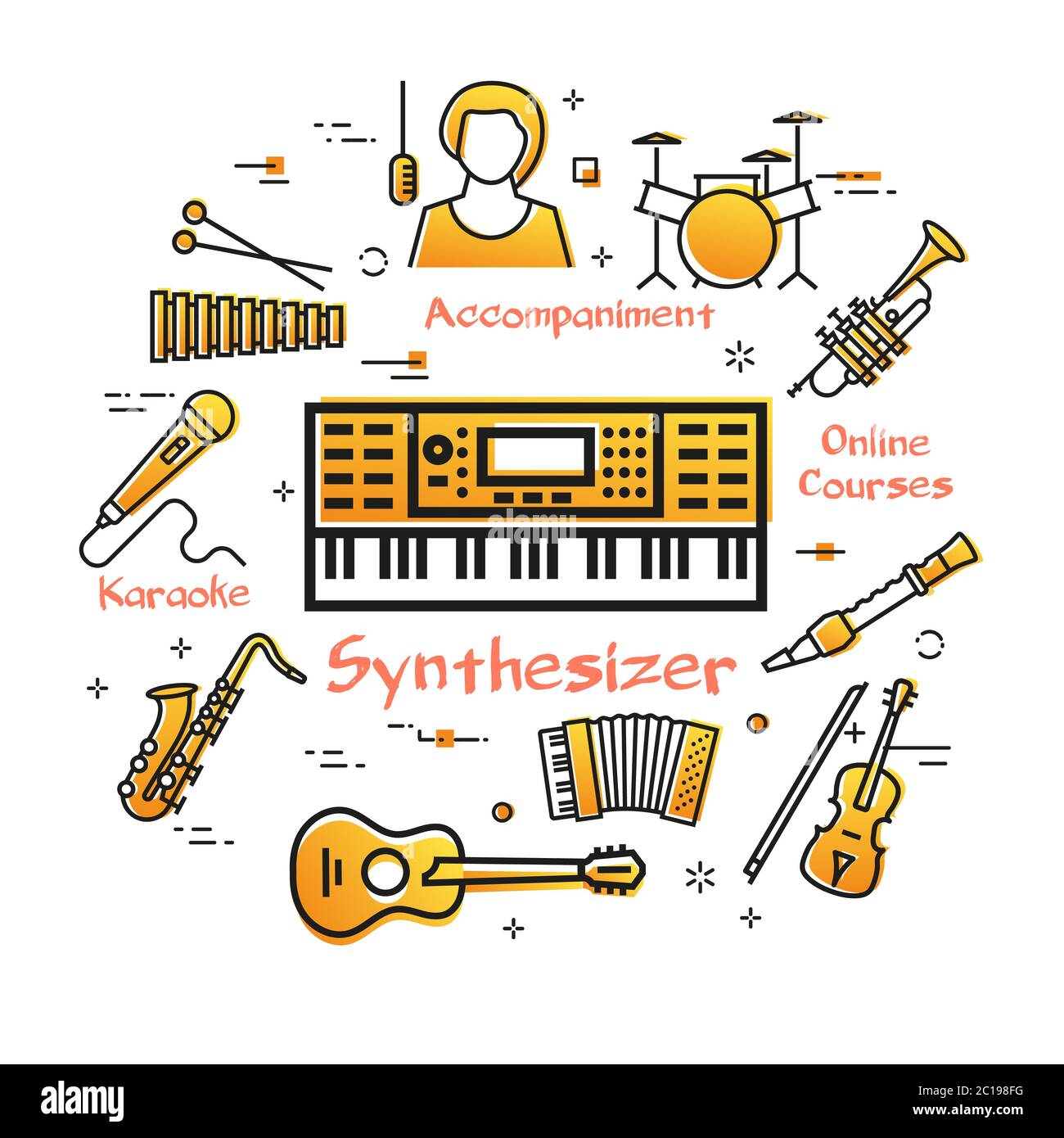 Banner vettoriale lineare per musica - riproduzione sintetizzatore Illustrazione Vettoriale