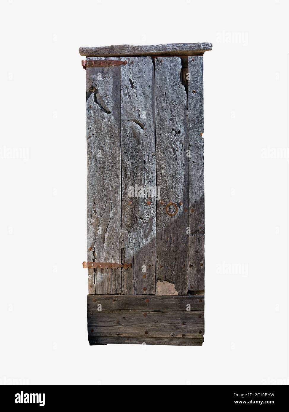 Porta rustica in legno isolata su bianco Foto Stock