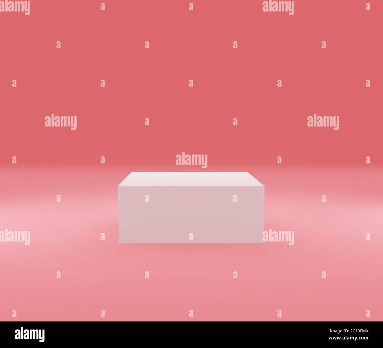 Scatola rettangolare per dimostrazione, parete e pavimento rosa, piedistallo bianco, sfondo astratto 3d, concetto minimal fashion, vetrina vuota St Foto Stock