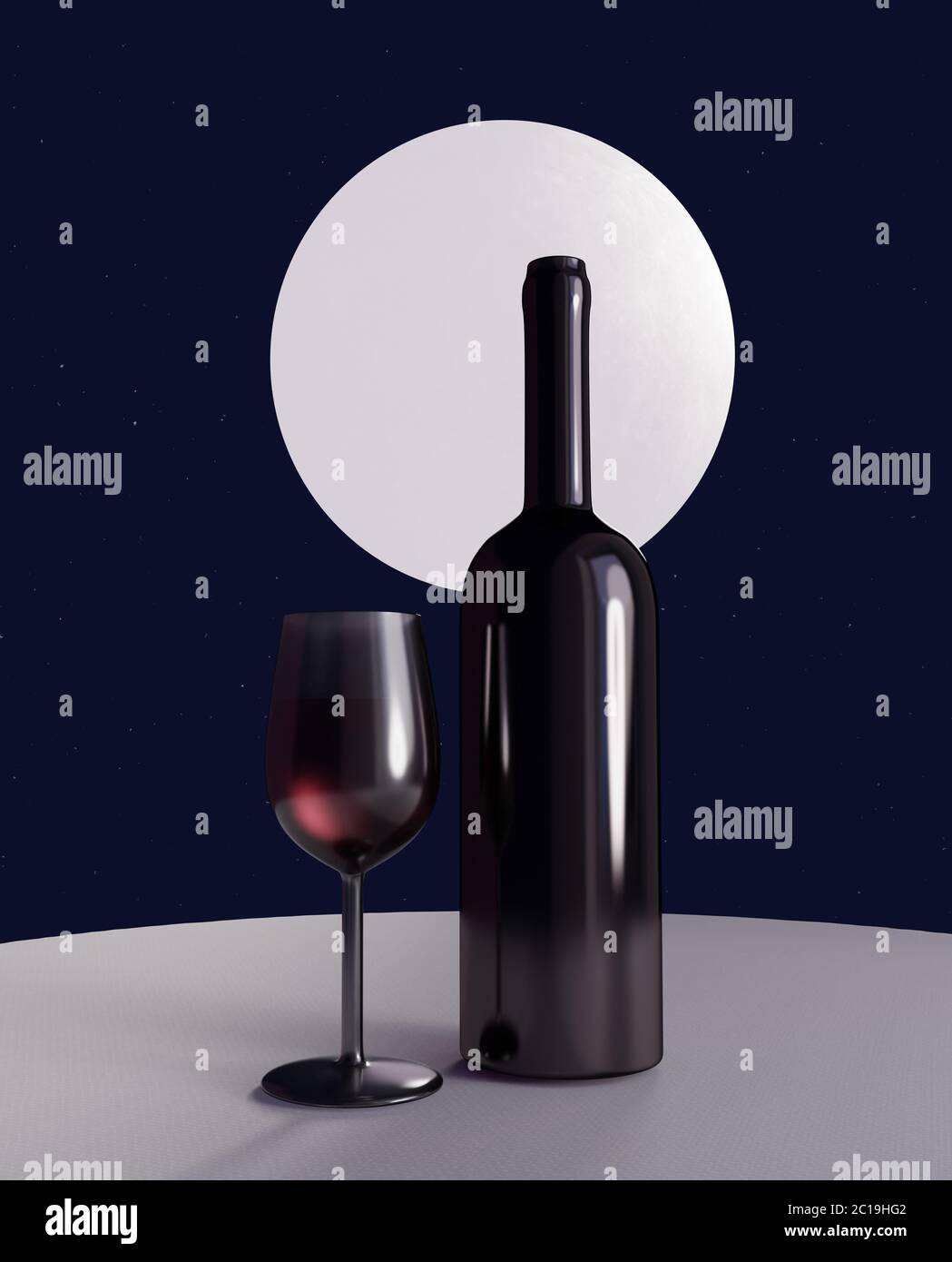 una bottiglia di vino e un bicchiere di vino sullo sfondo di una luna enorme. illustrazione 3d Foto Stock