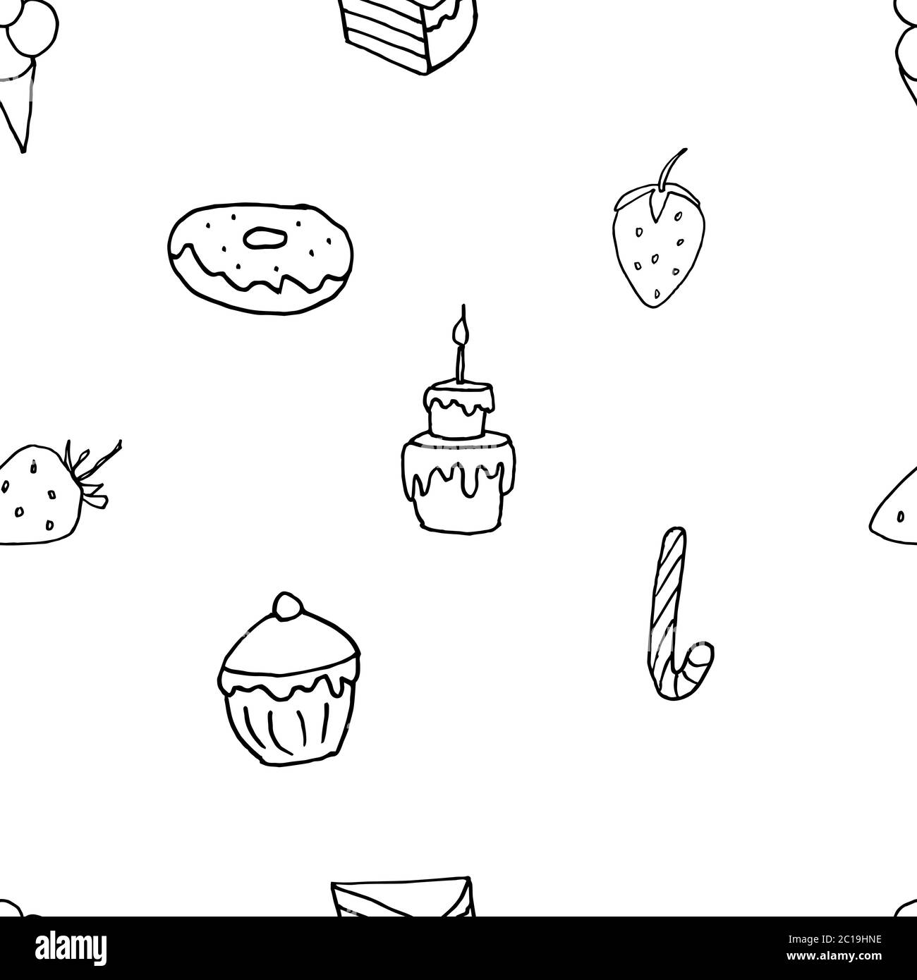 Disegno senza cuciture con sweets Stock illustrazione, vettore, disegno a mano, elemento di disegno per la stampa, scrapbooking, cartolina Illustrazione Vettoriale