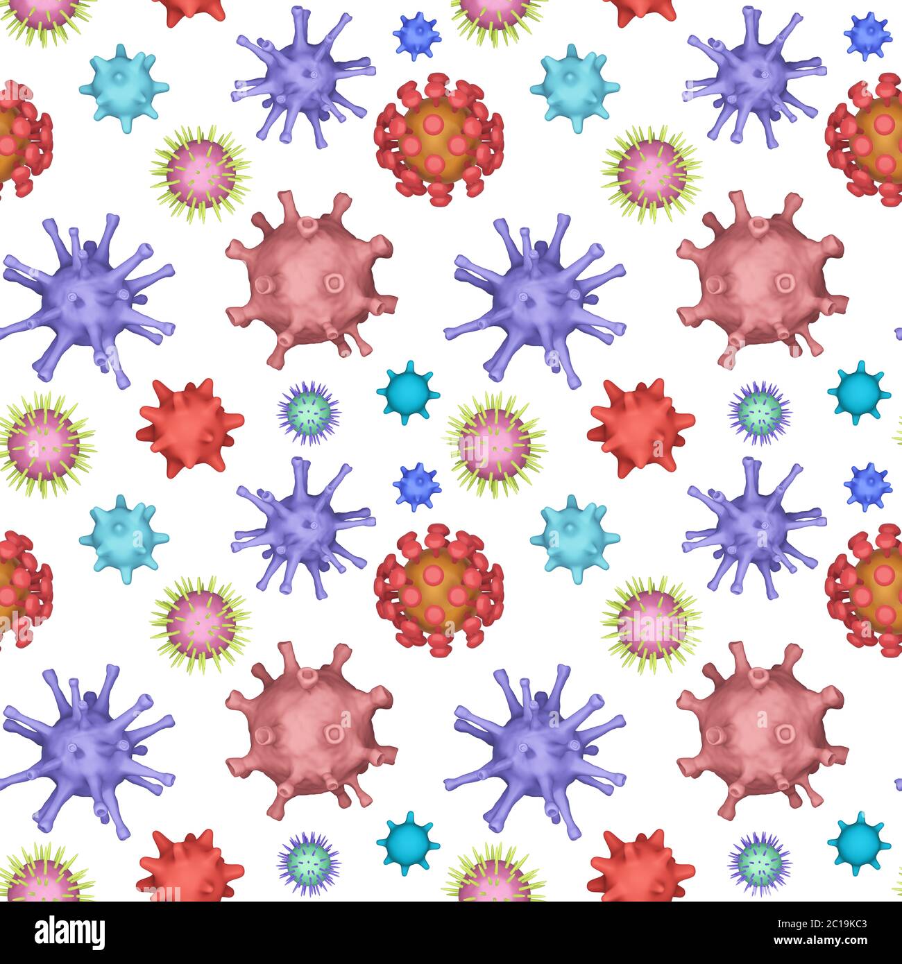 patern senza soluzione di continuità di diversi tipi di virus, coronavirus, herpes. Organismi biologici sfondo in stile collage. Molti virus varios su un backgr bianco Foto Stock