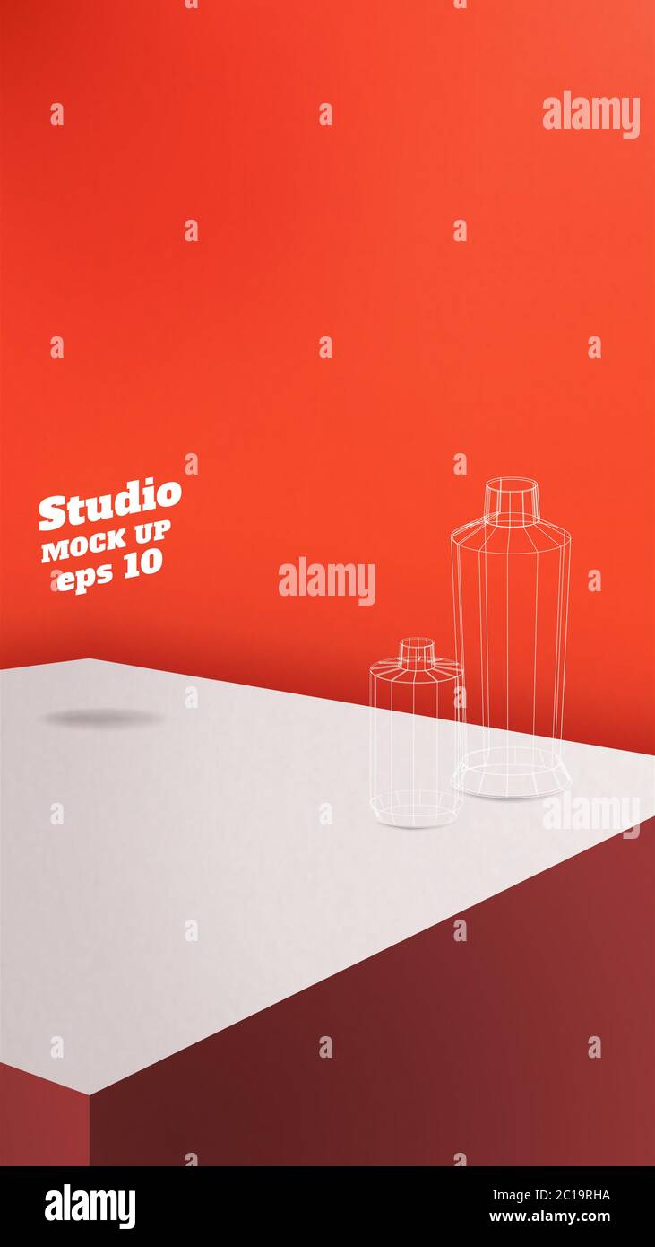 Tavola da studio background.Vector,blocco display rosso vivo con oragne wall.mockup rosso per la visualizzazione di design.Vertical Banner per pubblicità prodotto Illustrazione Vettoriale
