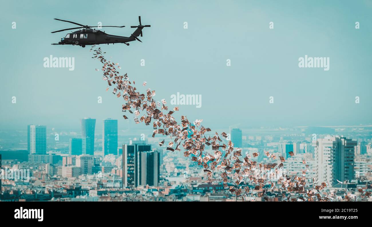elicottero che distribuisce denaro in euro sulla città. rendering 3d. nessuno intorno. concetto di denaro elicottero Foto Stock