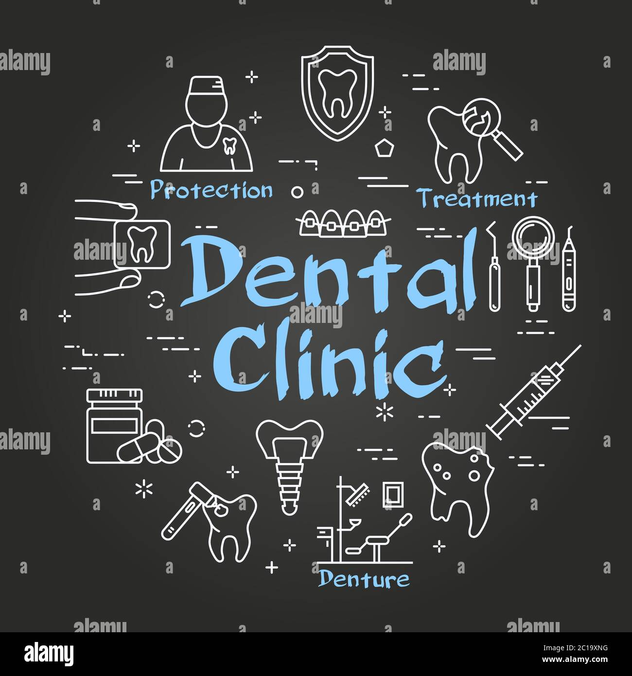 Banner Web vettoriale lineare rotondo nero - Dental Clinic Illustrazione Vettoriale