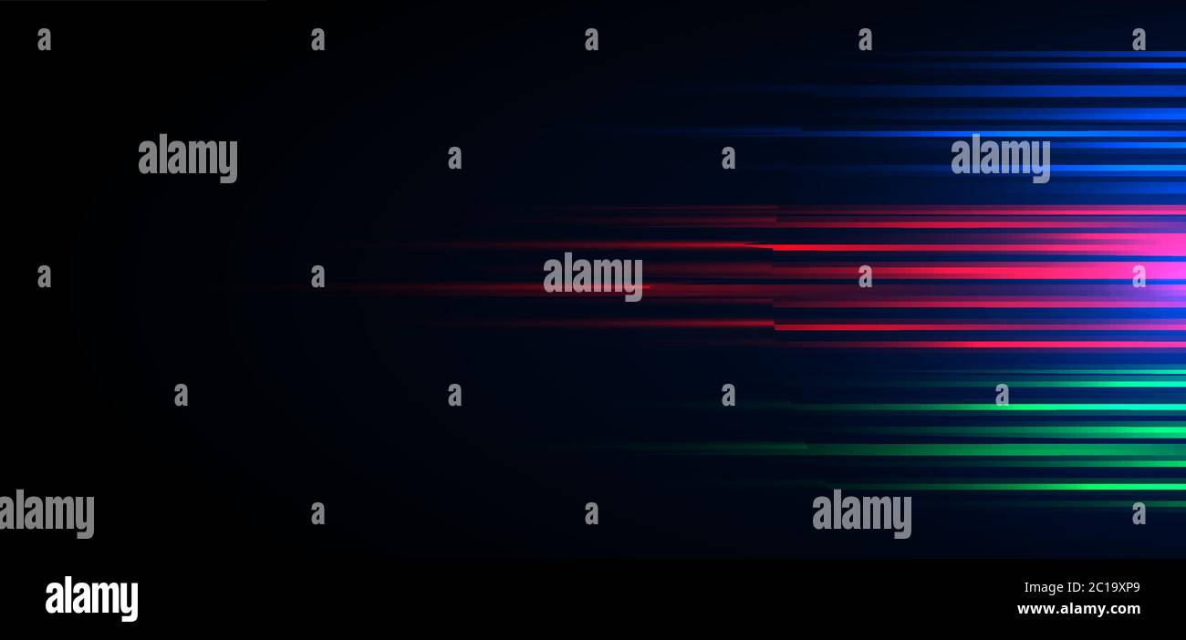 Velocità astratta blu, verde, rosso luce movimento orizzontale pattern sfocatura movimento su sfondo nero. Concetto di tecnologia. Illustrazione vettoriale Illustrazione Vettoriale