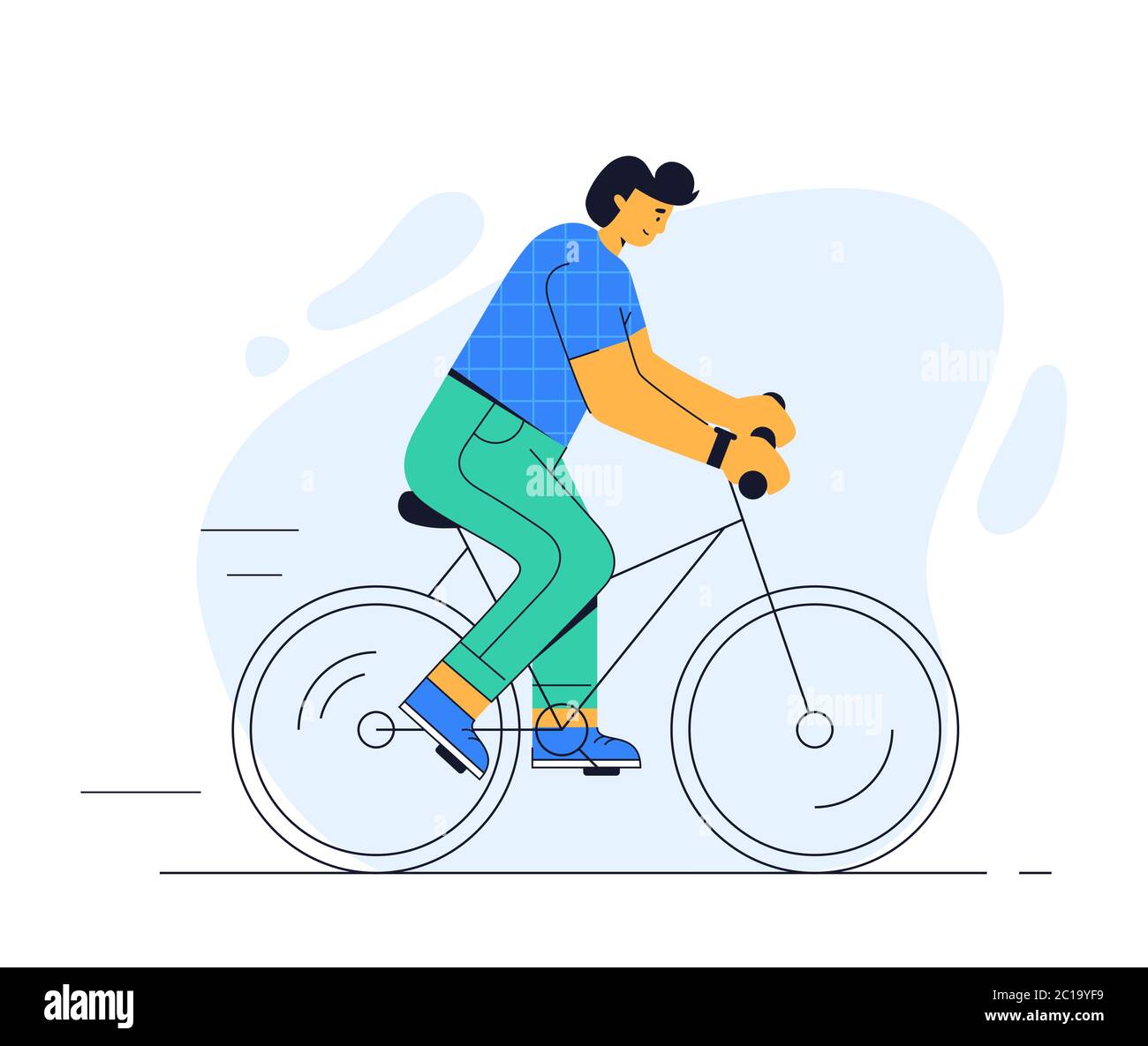 Un uomo guida una bicicletta. Illustrazione vettoriale di un ciclista isolato su sfondo bianco. Stile piatto. Giovane ragazzo moderno in bicicletta. Stile di vita sano. Illustrazione Vettoriale
