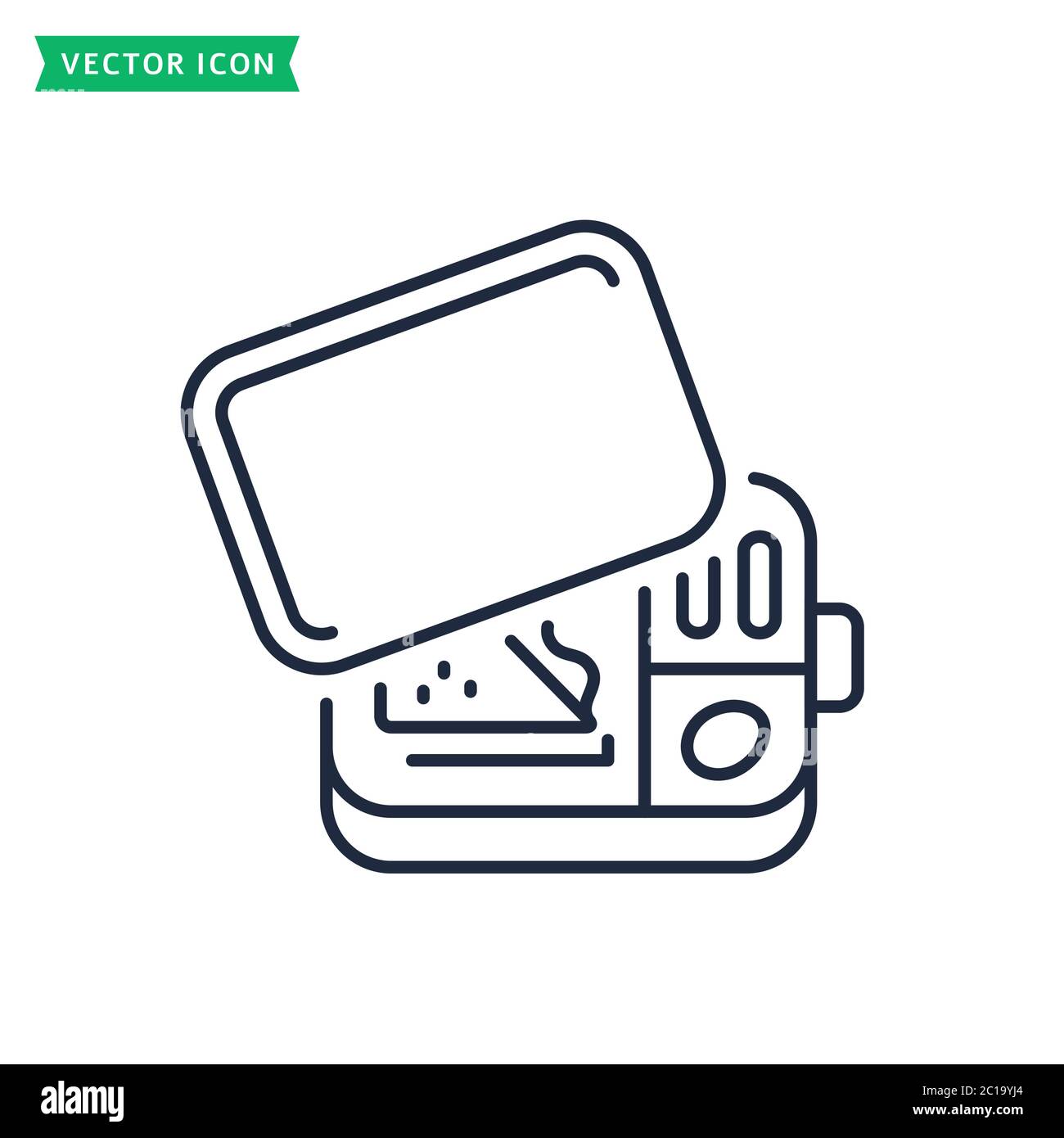 Icona della linea del pranzo isolata su sfondo bianco. Contenitore in metallo riutilizzabile con spuntini. Simbolo del contorno. Simbolo del riquadro del vettore. Illustrazione Vettoriale