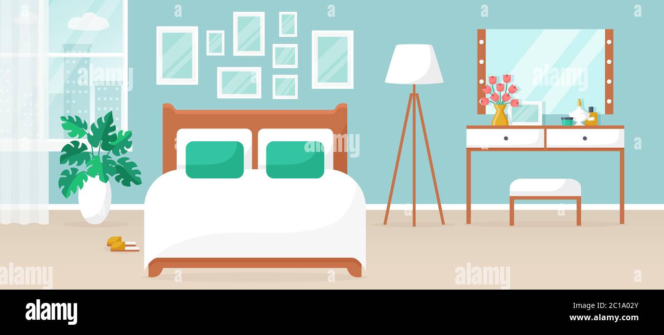 Interni della camera da letto. Illustrazione vettoriale. Camera moderna con letto doppio, toeletta, finestra e accessori per l'arredamento. Arredamento per la casa. Illustrazione Vettoriale