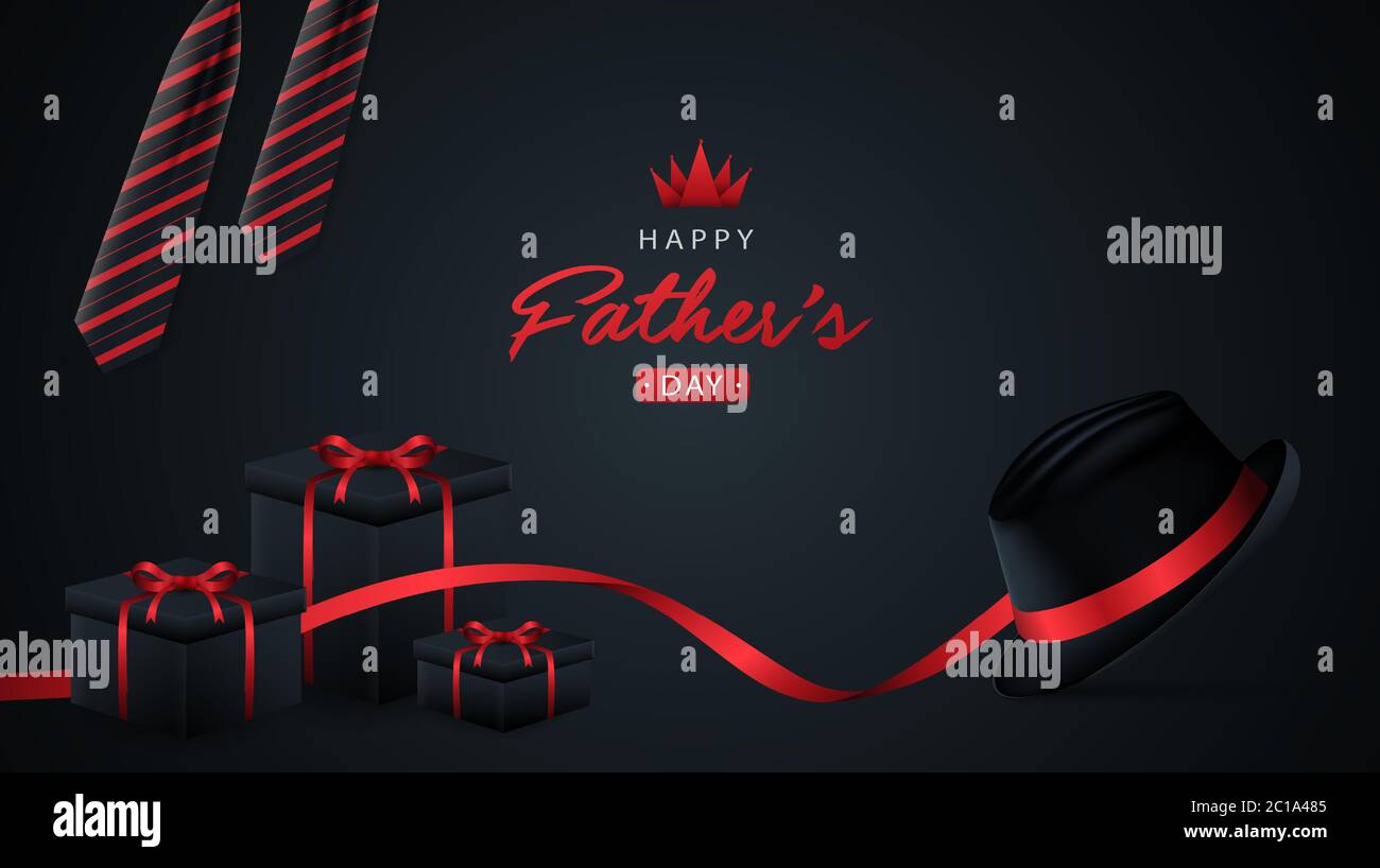 Happy Feathers Day Calligraphy biglietto di auguri sfondo nero sfondo di illustrazione vettoriale con cappelli, fascetta e scatola regalo Red Black Men colore nero Illustrazione Vettoriale