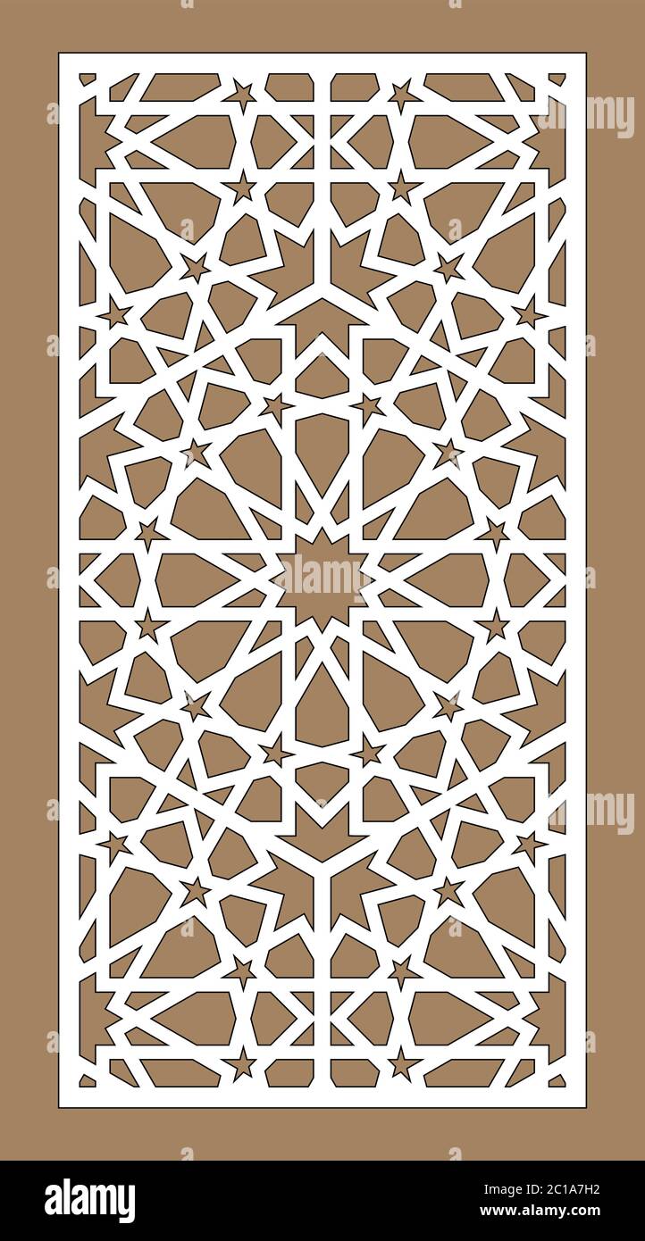 Set di pannelli decorativi vettoriali con taglio laser. Design Jali, arredamento cnc, design d'interni. Taglio laser arabo islamico. Illustrazione Vettoriale