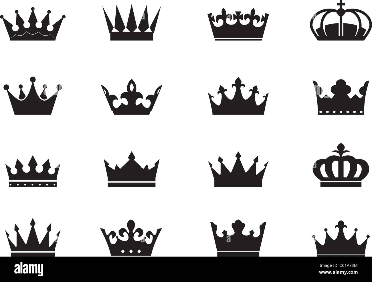 Collezione di icone vettoriali di lusso. Vettore delineare corone re e emblemi incoronazione. Illustrazione Vettoriale