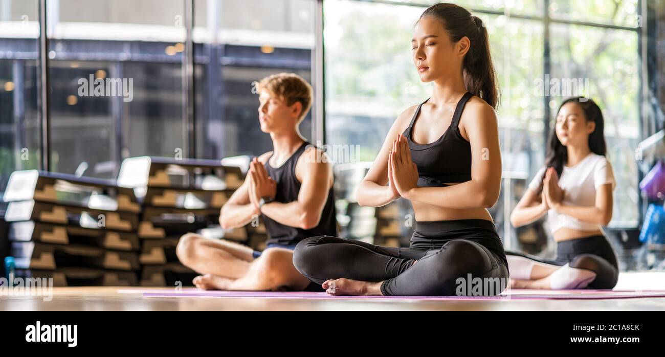 Banner Gruppo di diversità pratica yoga classe, sano o meditazione esercizio, stretching in up facing cane esercizio, indossare abbigliamento sportivo reggiseno e p Foto Stock Banner Gruppo di diversità pratica yoga classe, sano o meditazione esercizio, stretching in up facing cane esercizio, indossare abbigliamento sportivo reggiseno e p Foto Stock