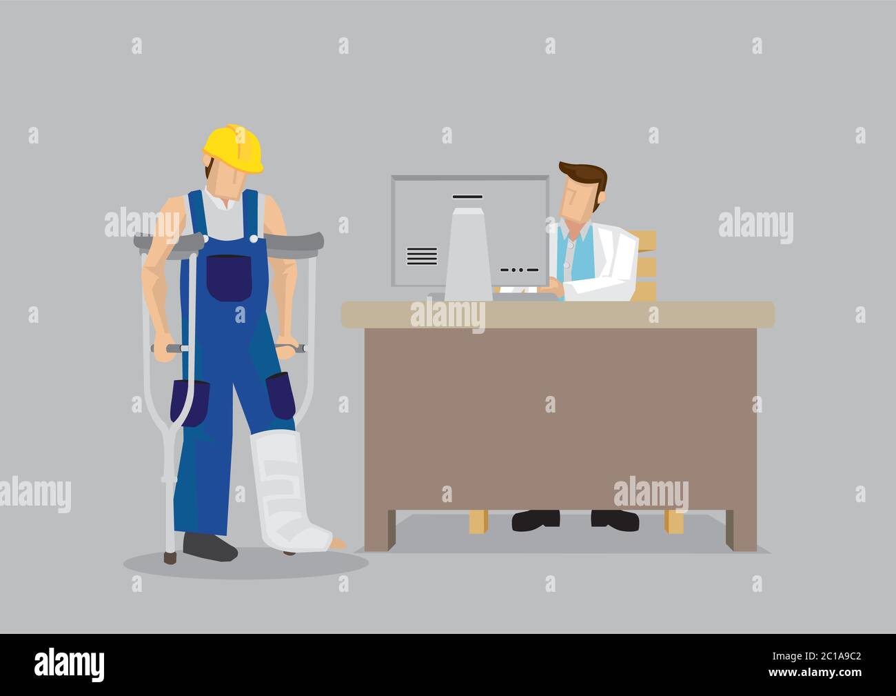 Personaggio lavoratore cartoon che indossa casco giallo e tuta con gamba in gesso calco utilizza stampelle in cercare un trattamento medico presso l'ufficio medico. Vettore i Illustrazione Vettoriale