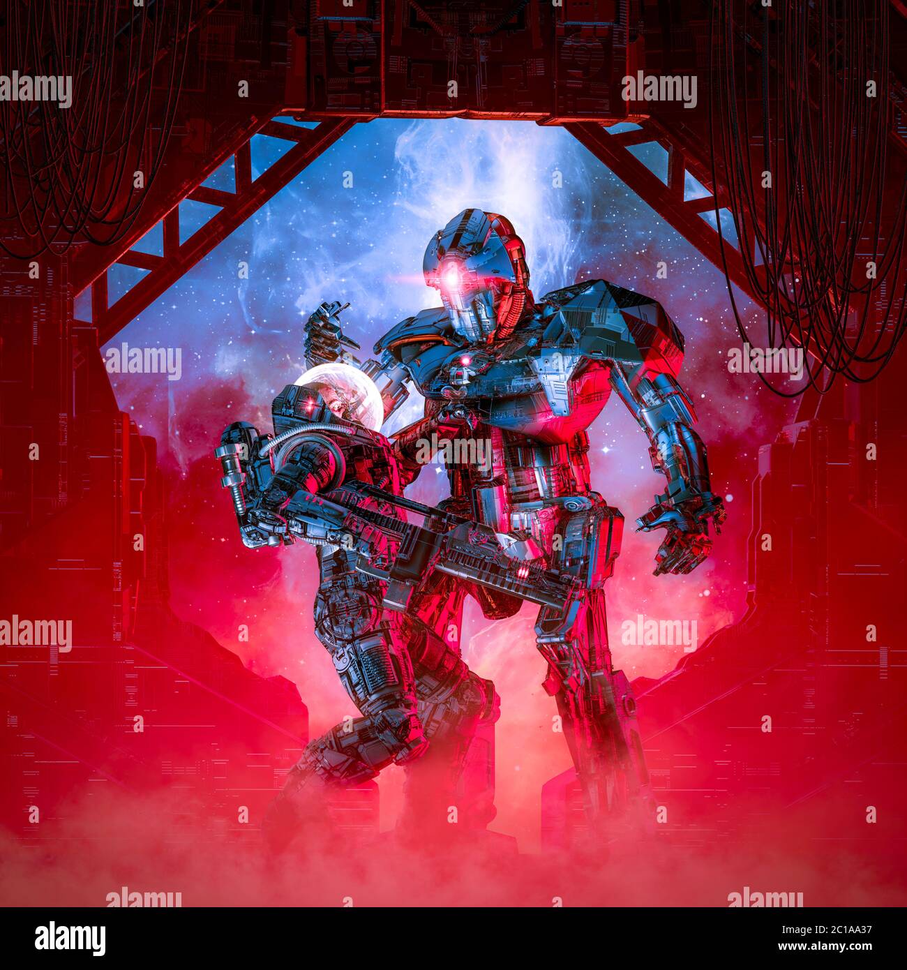 Non è possibile passare / illustrazione 3D di scena di fantascienza retrò mostrando astronauta militare blindato che combattono giganteschi robot alieni in aereo nave spaziale Foto Stock