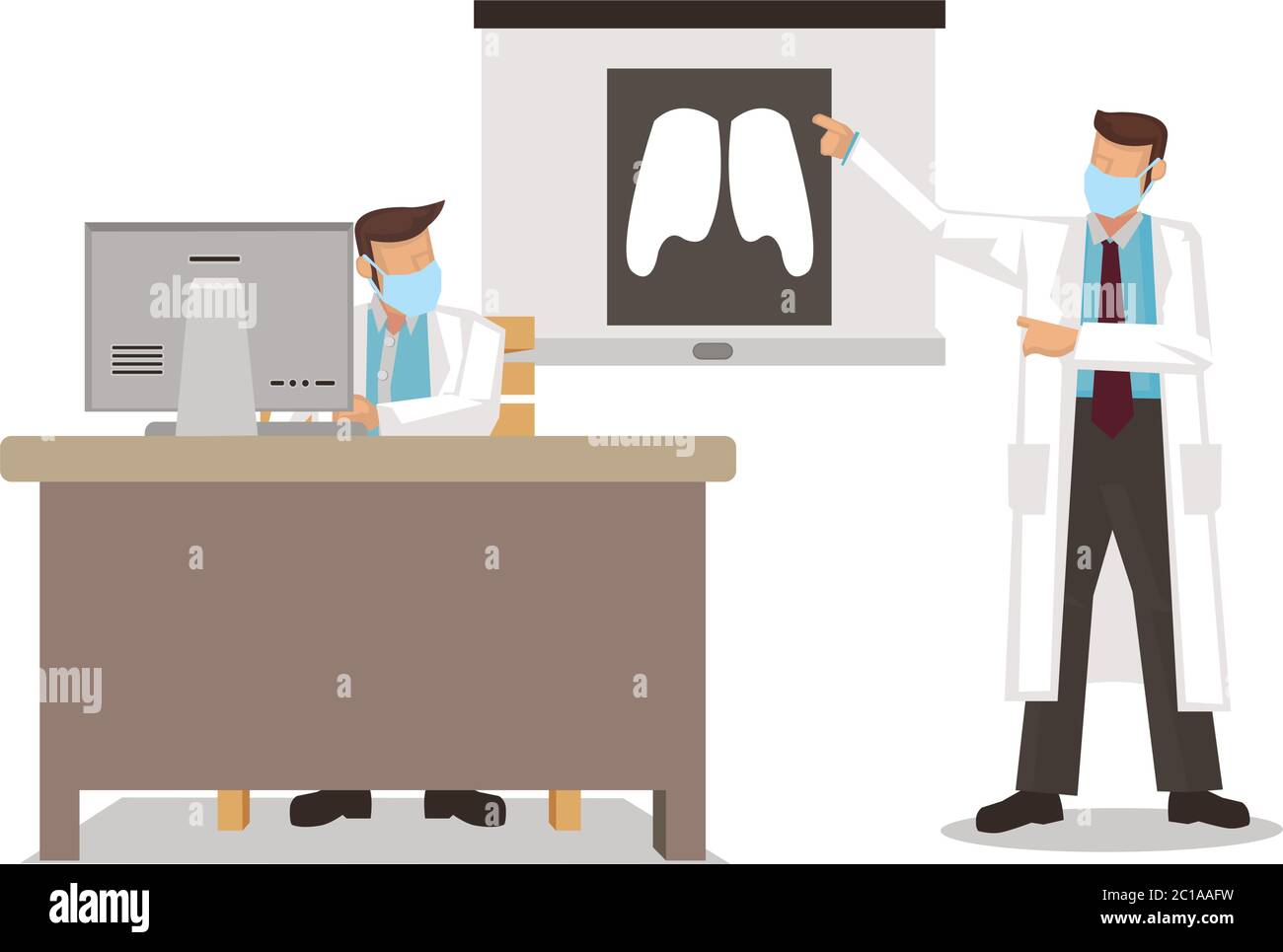 Gruppo di medici discutono circa i raggi X polmonari. Concetto di epidemia di coronavirus o cancro polmonare. Illustrazione vettoriale. Illustrazione Vettoriale