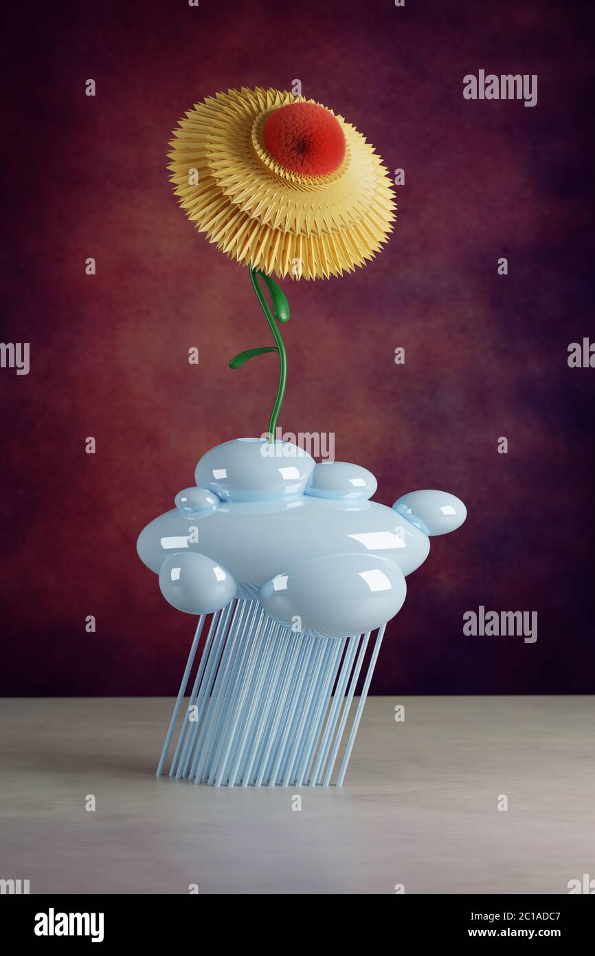 Illustrazione 3D con semplice natura morta di un fiore di plastica in un vaso futuristico Foto Stock