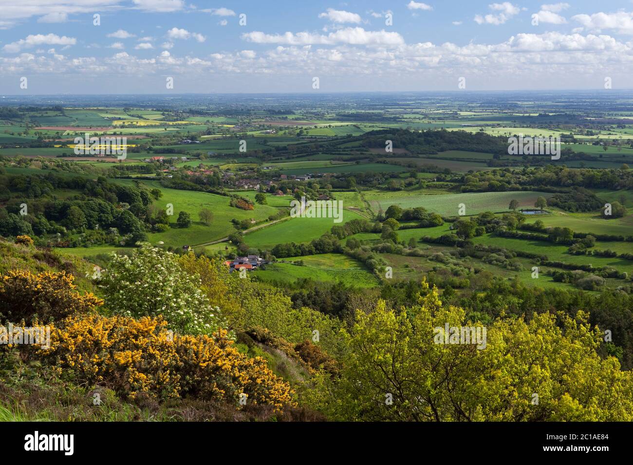 Vista dalla Sutton Bank nel North York Moors National Park che si affaccia sulla vale di Mowbray, vicino a Thirsk, North Yorkshire, Inghilterra, Regno Unito Foto Stock