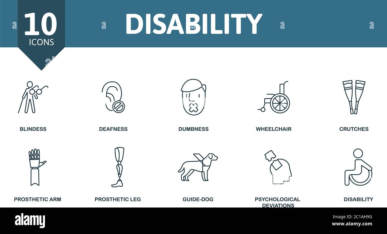 Set di icone di disabilità. La collezione contiene sordità, sedia a rotelle, braccio protesico, cane guida e sopra le icone. Set di elementi per disabilità. Illustrazione Vettoriale