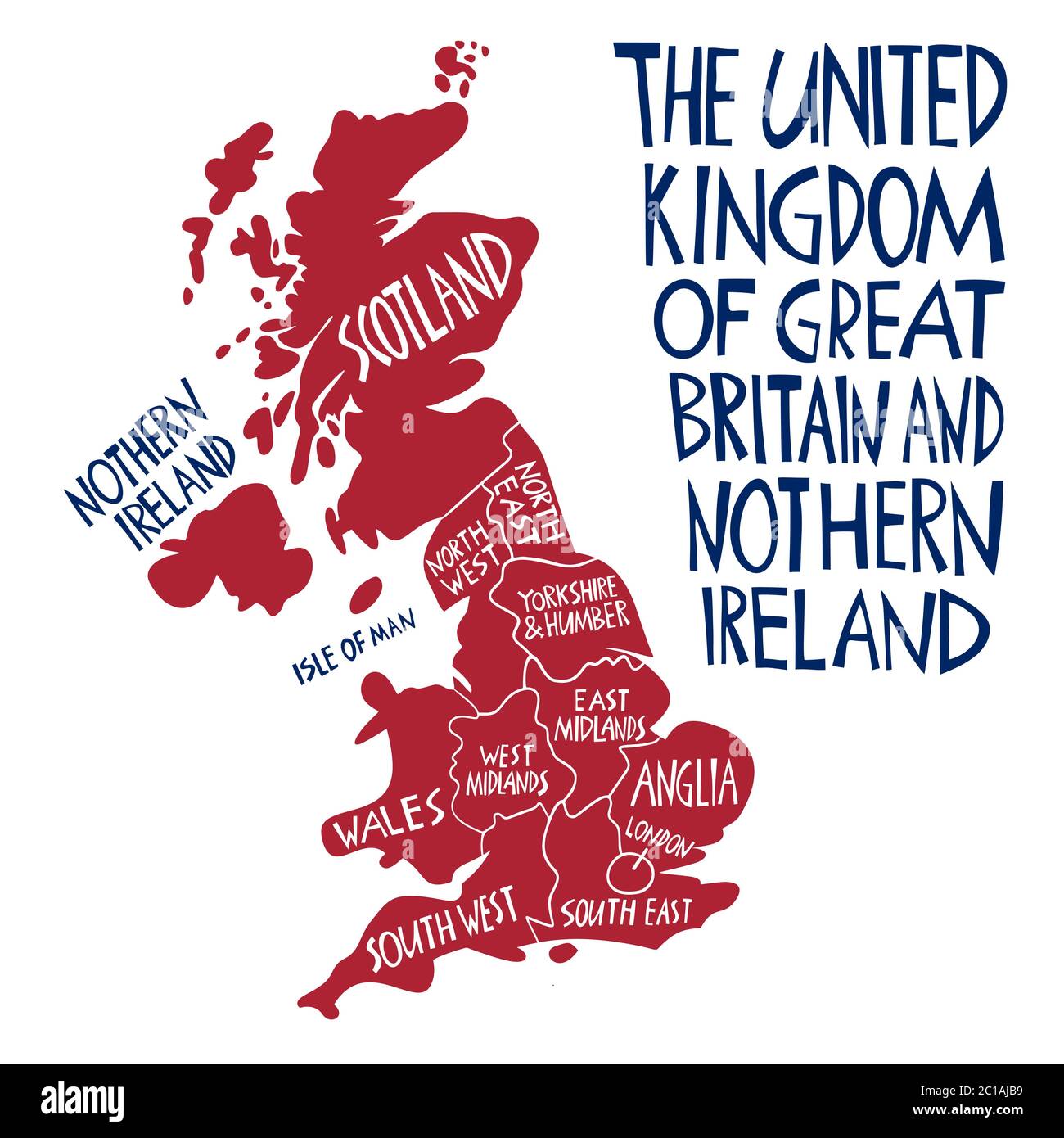 Mappa stilizzata del Regno Unito disegnata a mano da un vettore. Illustrazione delle regioni della Gran Bretagna. Illustrazione scritta disegnata a mano. Europa mappa elem Illustrazione Vettoriale