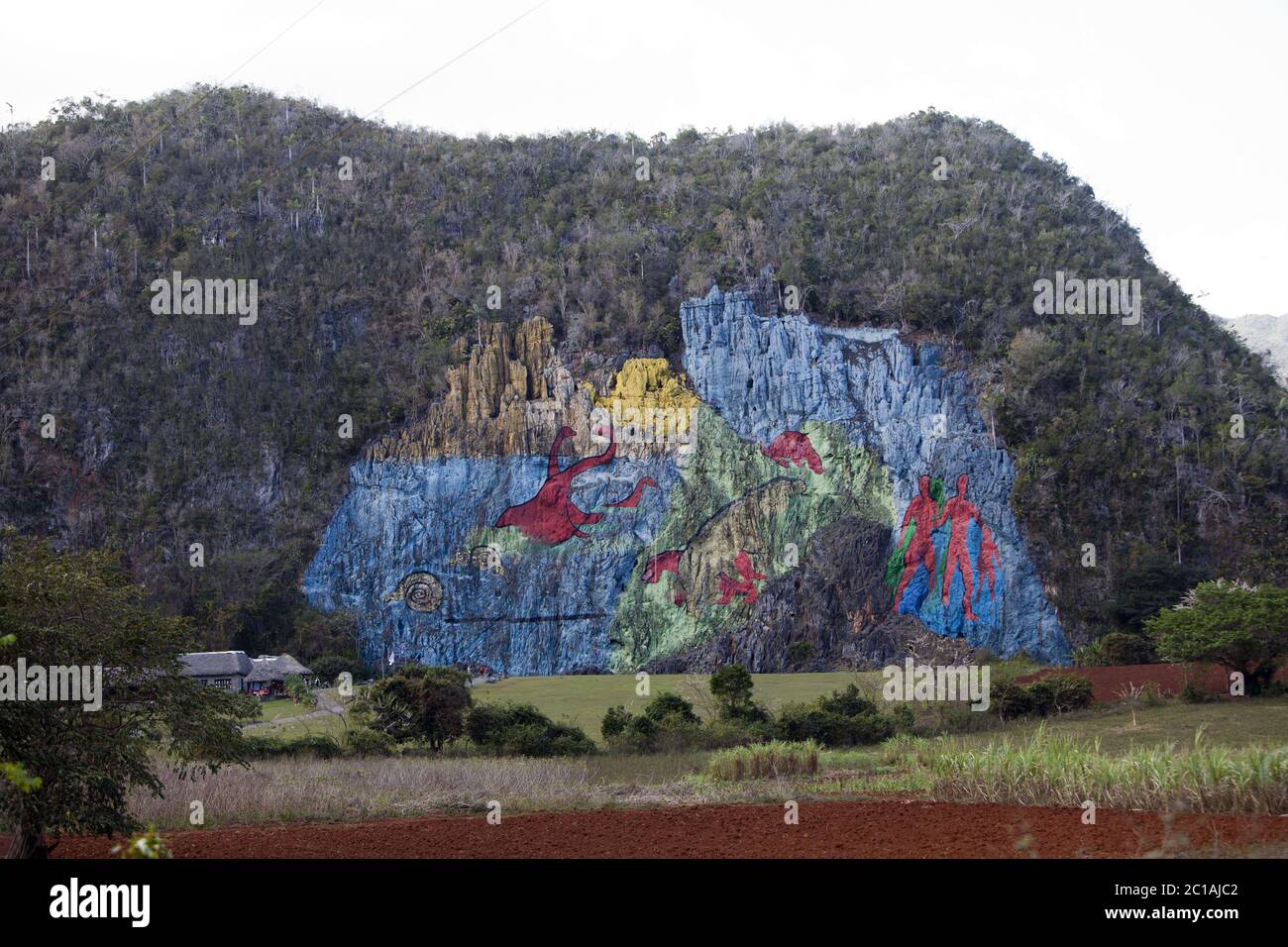 CUBA - 28 GENNAIO 2013: Muro della Preistoria , affresco preistorico, arte murale dipinto su rocce a Vinal Foto Stock