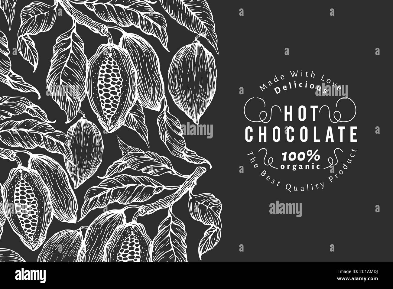 Modello di cacao disegnato a mano. Illustrazioni vettoriali di piante di cacao su tavola di gesso. Retro naturale cioccolato sfondo Illustrazione Vettoriale