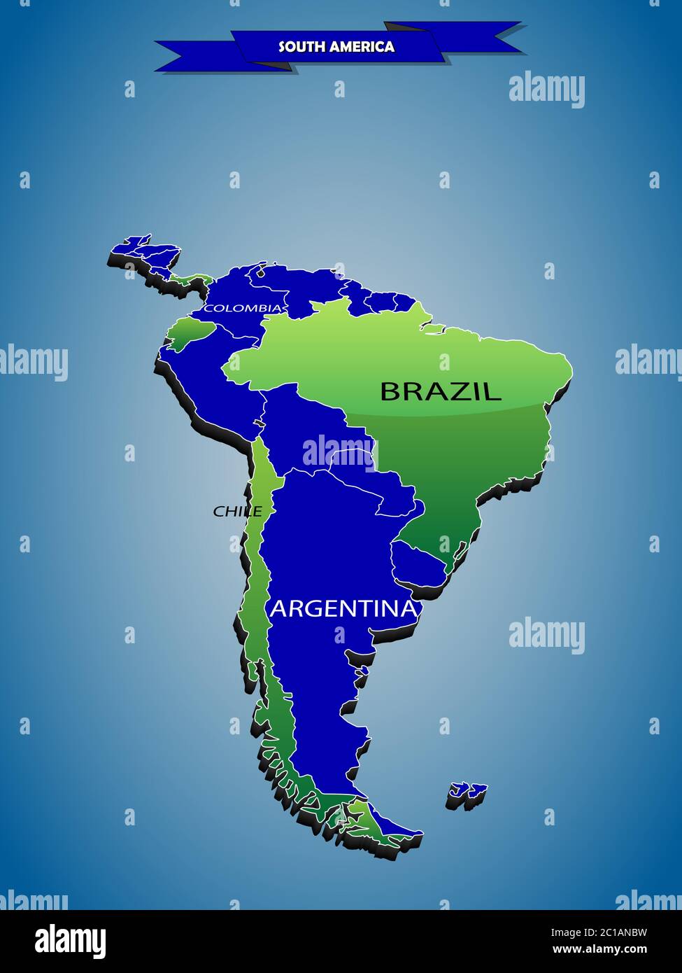 Mappa politica info-grafica tridimensionale del Sud America Illustrazione Vettoriale