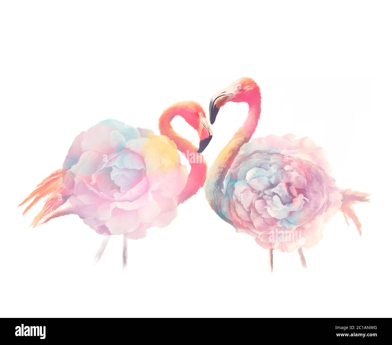 uccelli flamingo con fiori, pittura acquerello Foto Stock