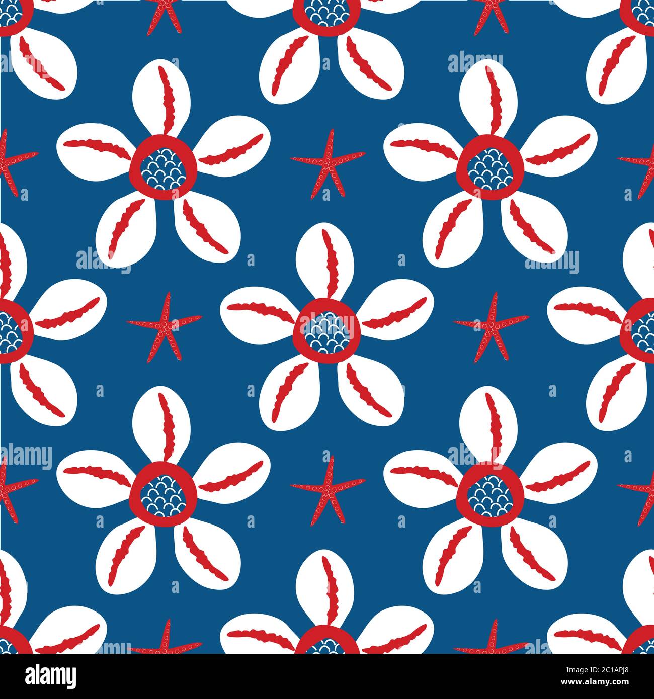 Cowrie shell sfondo vettoriale senza giunture. Mussel moderno disegnato a mano ripetere sfondo oceano fauna selvatica. Tema colore nautico. Stampa completa per Illustrazione Vettoriale