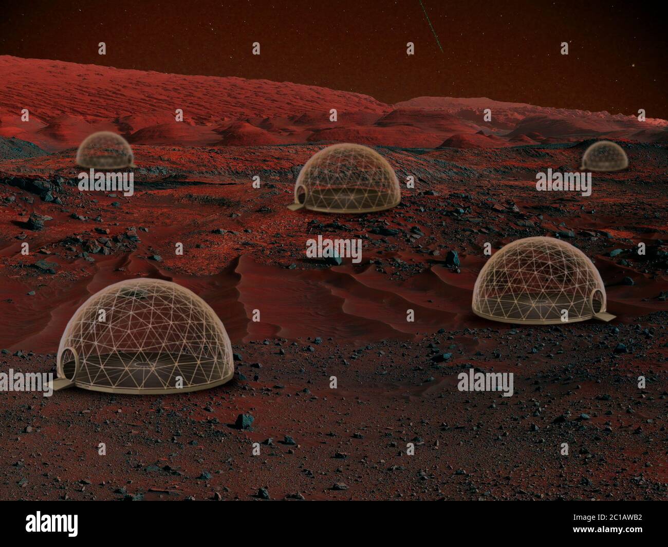 Immaginate che le persone vivano su Marte. Primo piano paesaggio di un pianeta abbandonato, bellezza della vita su Marte. Camere di ossigeno protettive, bolle per una vita confortevole. Esplorazione della vita in un nuovo spazio. Foto Stock